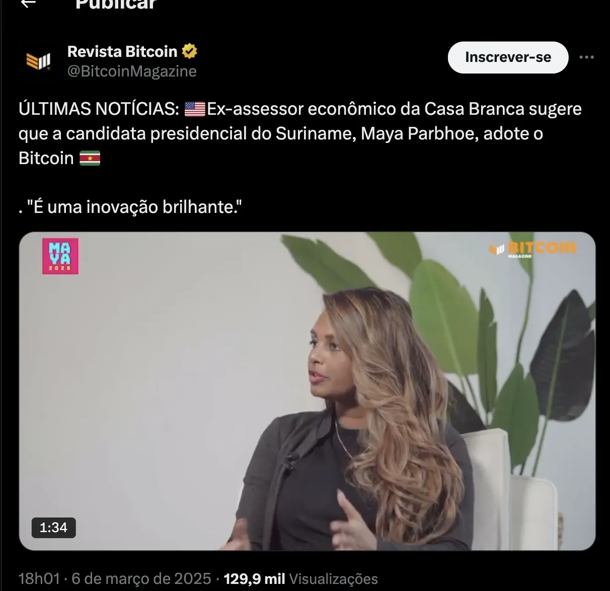 Tweet sobre legislação de Bitcoin
