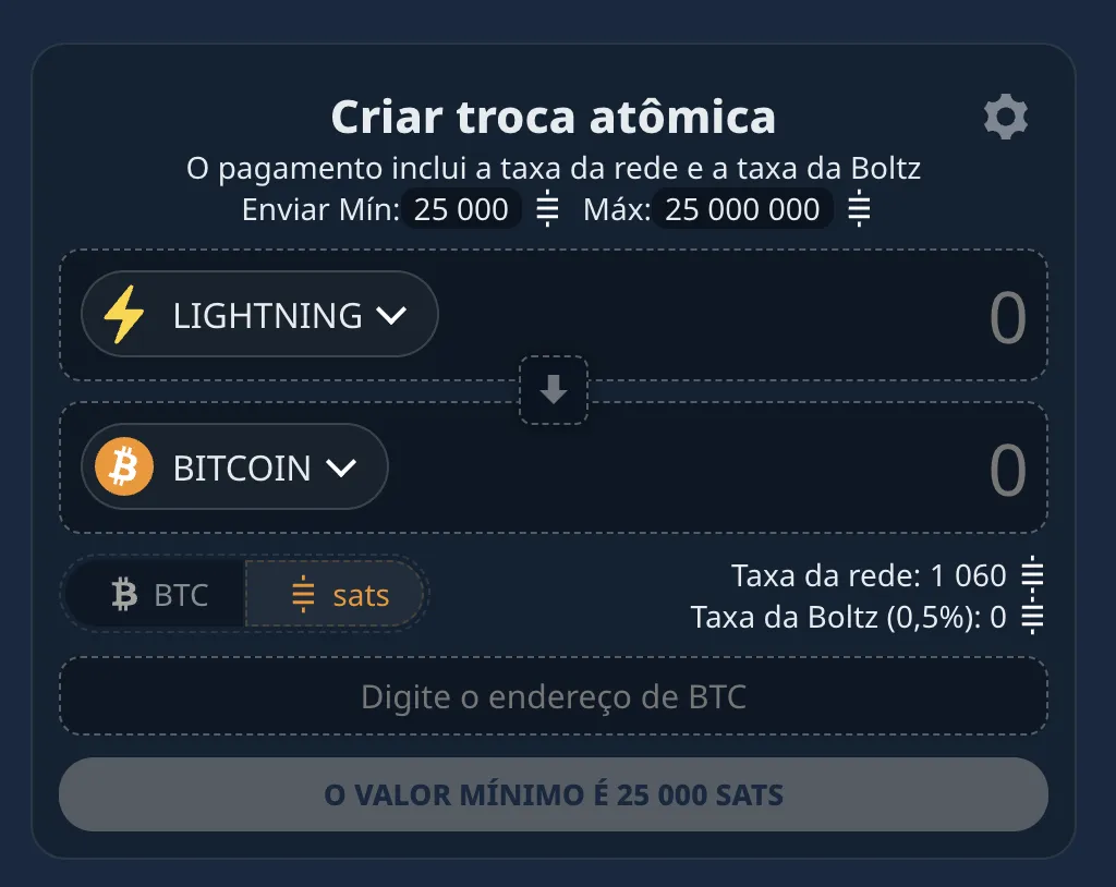 Interface do Boltz exchange para swap de Bitcoin